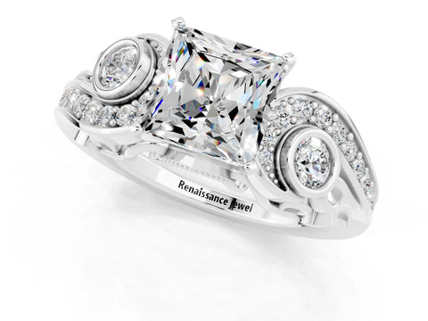 White gold Princess Cut Moissanite Solitaire Ring with Milgrain Pavé Band and Four-Prong Setting_49