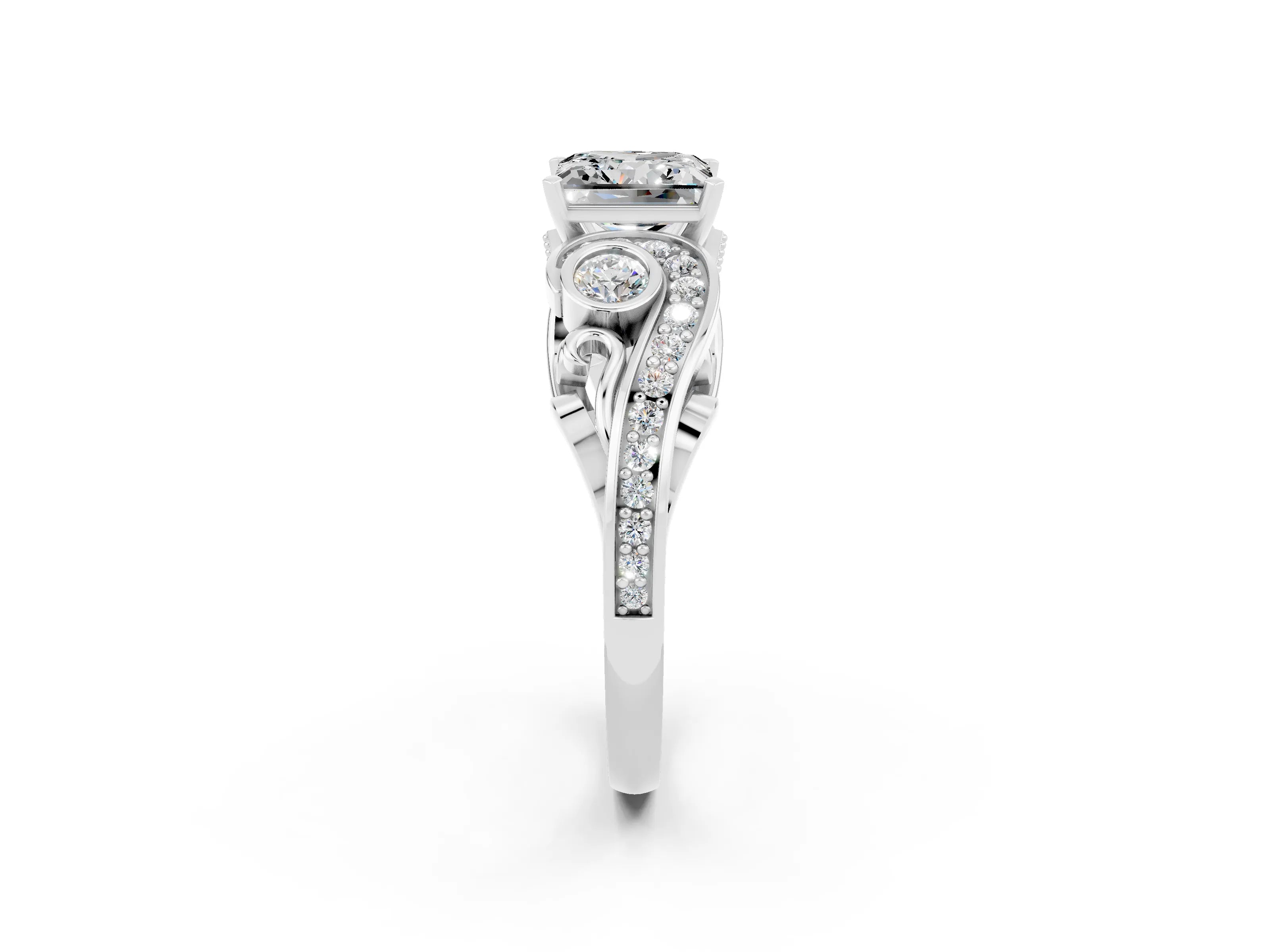 White gold Princess Cut Moissanite Solitaire Ring with Milgrain Pavé Band and Four-Prong Setting_50
