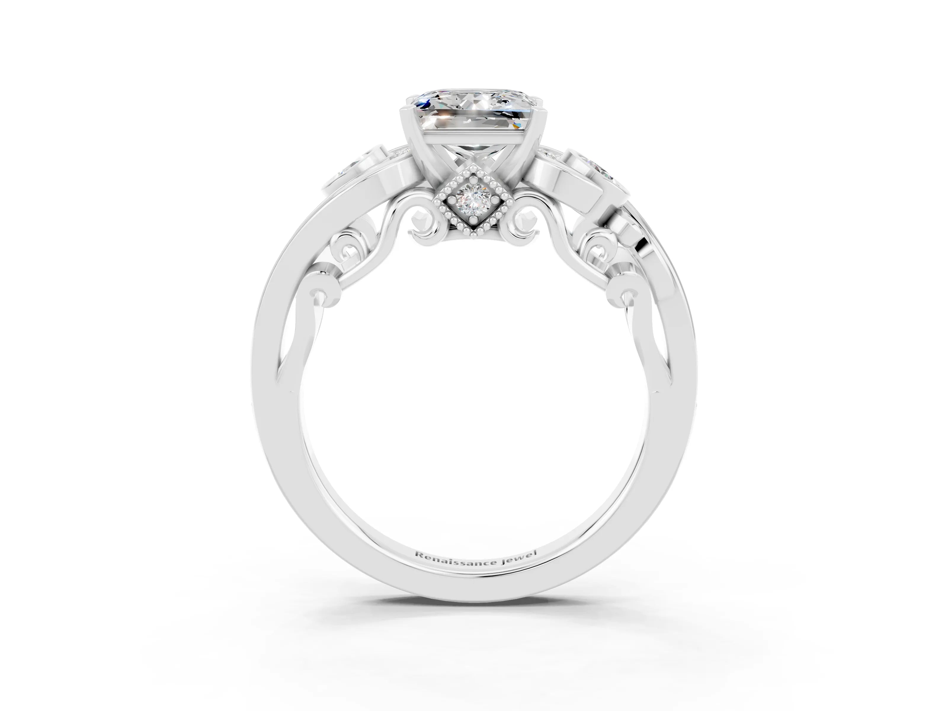 White gold Princess Cut Moissanite Solitaire Ring with Milgrain Pavé Band and Four-Prong Setting_51