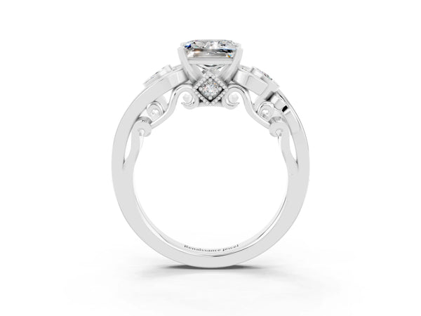 White gold Princess Cut Moissanite Solitaire Ring with Milgrain Pavé Band and Four-Prong Setting