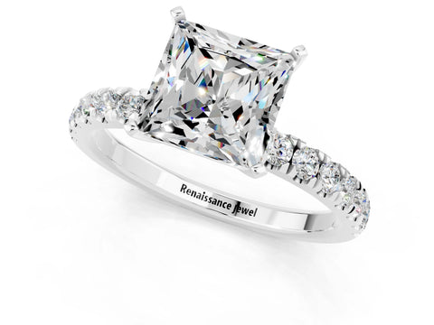 White gold Princess Cut Moissanite Solitaire Ring with Pavé Accents and Four-Prong Setting_1