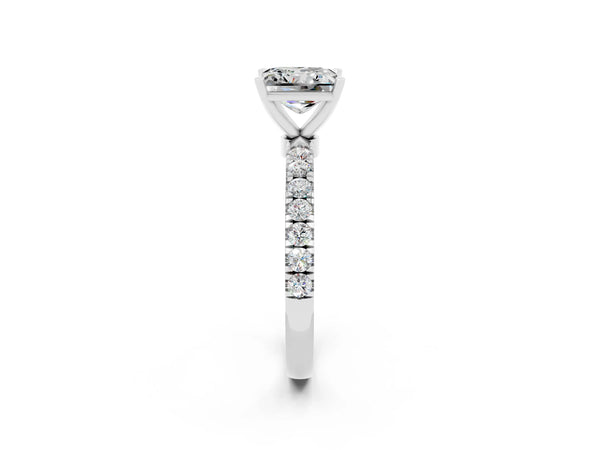 Silver Princess Cut Moissanite Solitaire Ring with Pavé Accents and Four-Prong Setting