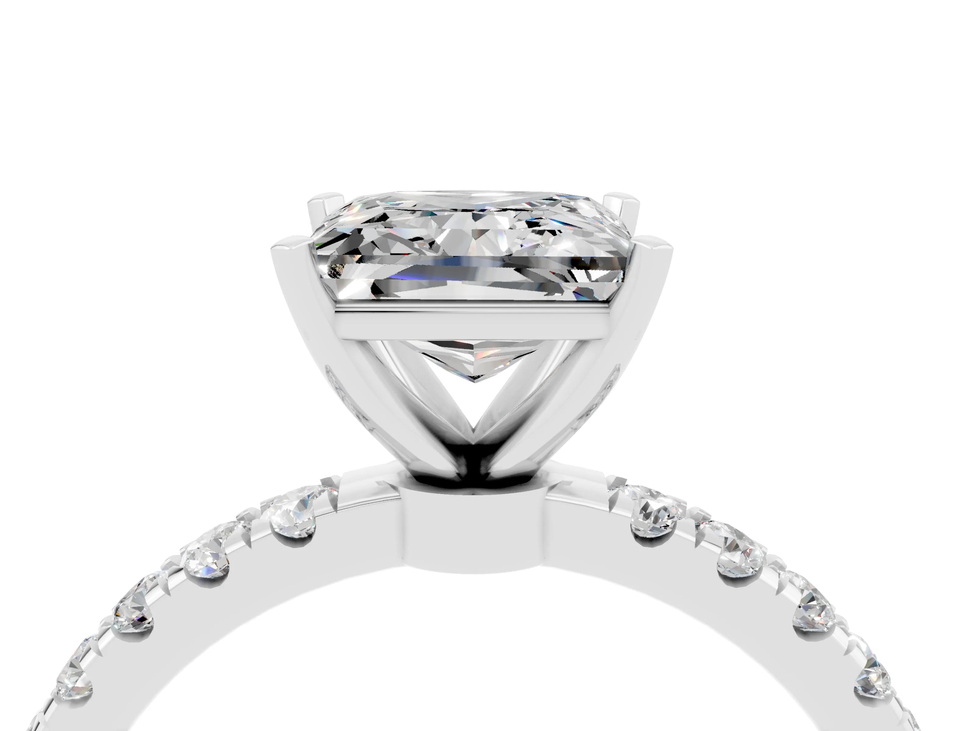 White gold Princess Cut Moissanite Solitaire Ring with Pavé Accents and Four-Prong Setting_4