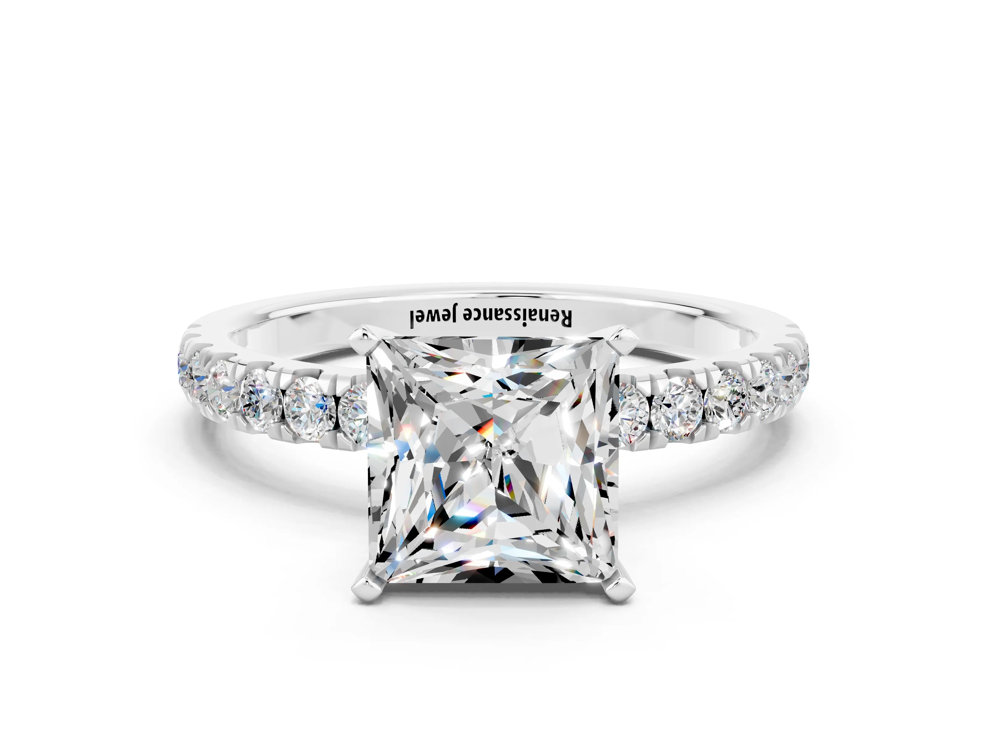 White gold Princess Cut Moissanite Solitaire Ring with Pavé Accents and Four-Prong Setting