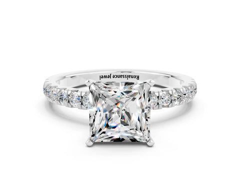 White gold Princess Cut Moissanite Solitaire Ring with Pavé Accents and Four-Prong Setting