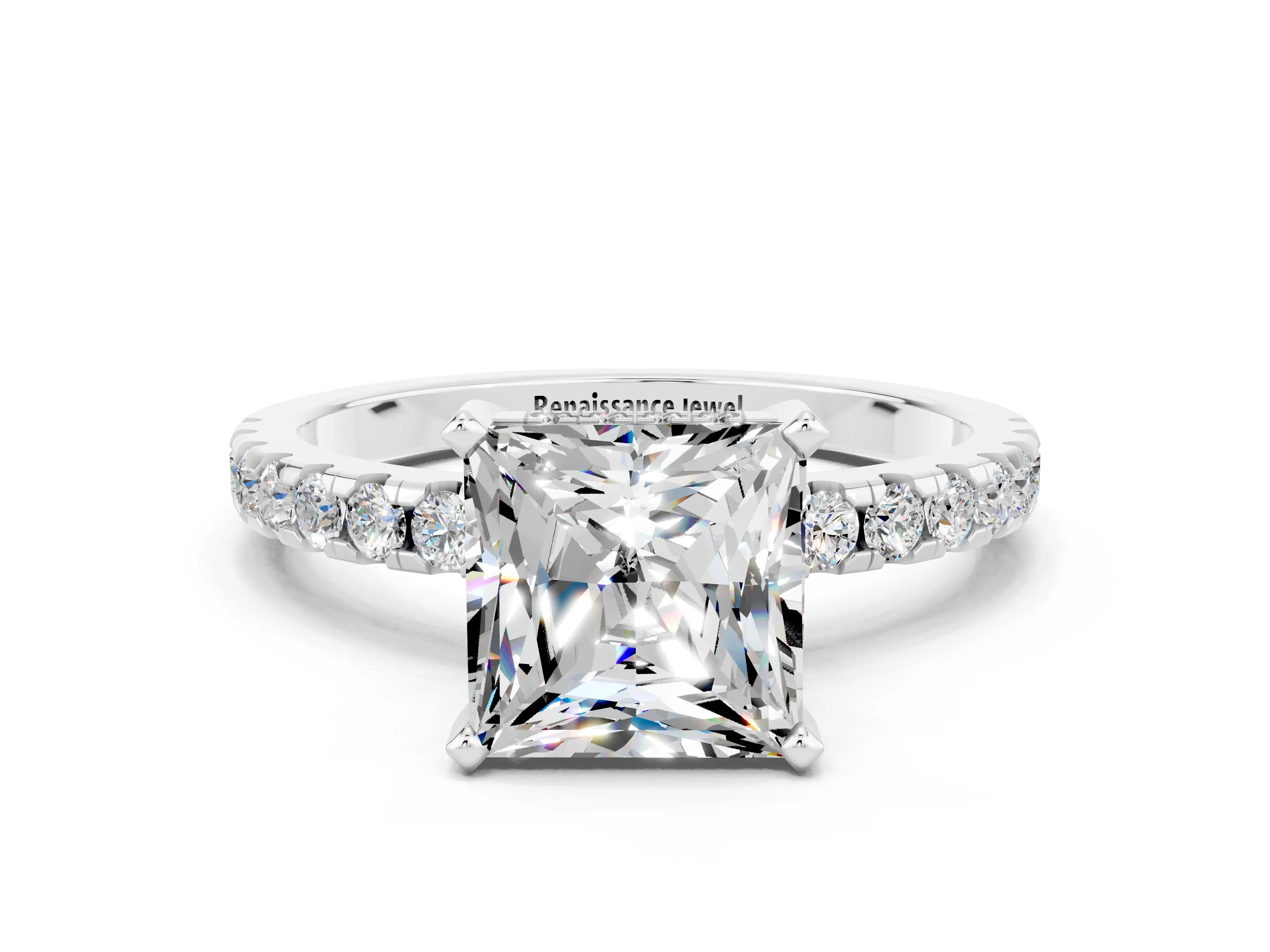 White gold Princess Cut Moissanite Solitaire Ring with Pavé Band and Four-Prong Setting_12