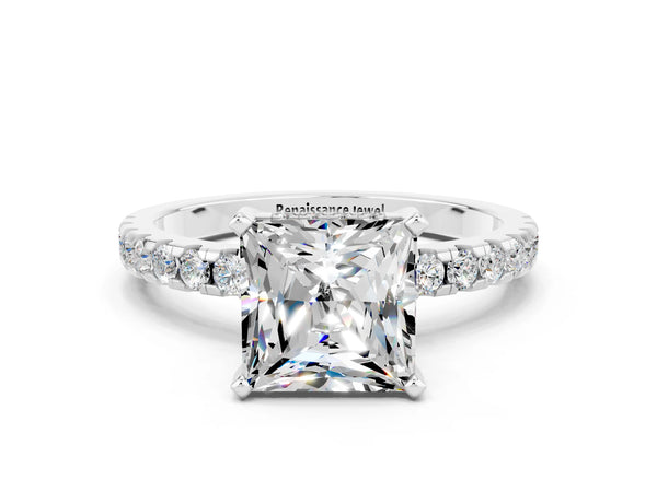 White gold Princess Cut Moissanite Solitaire Ring with Round  Pavé Band and Four-Prong Setting