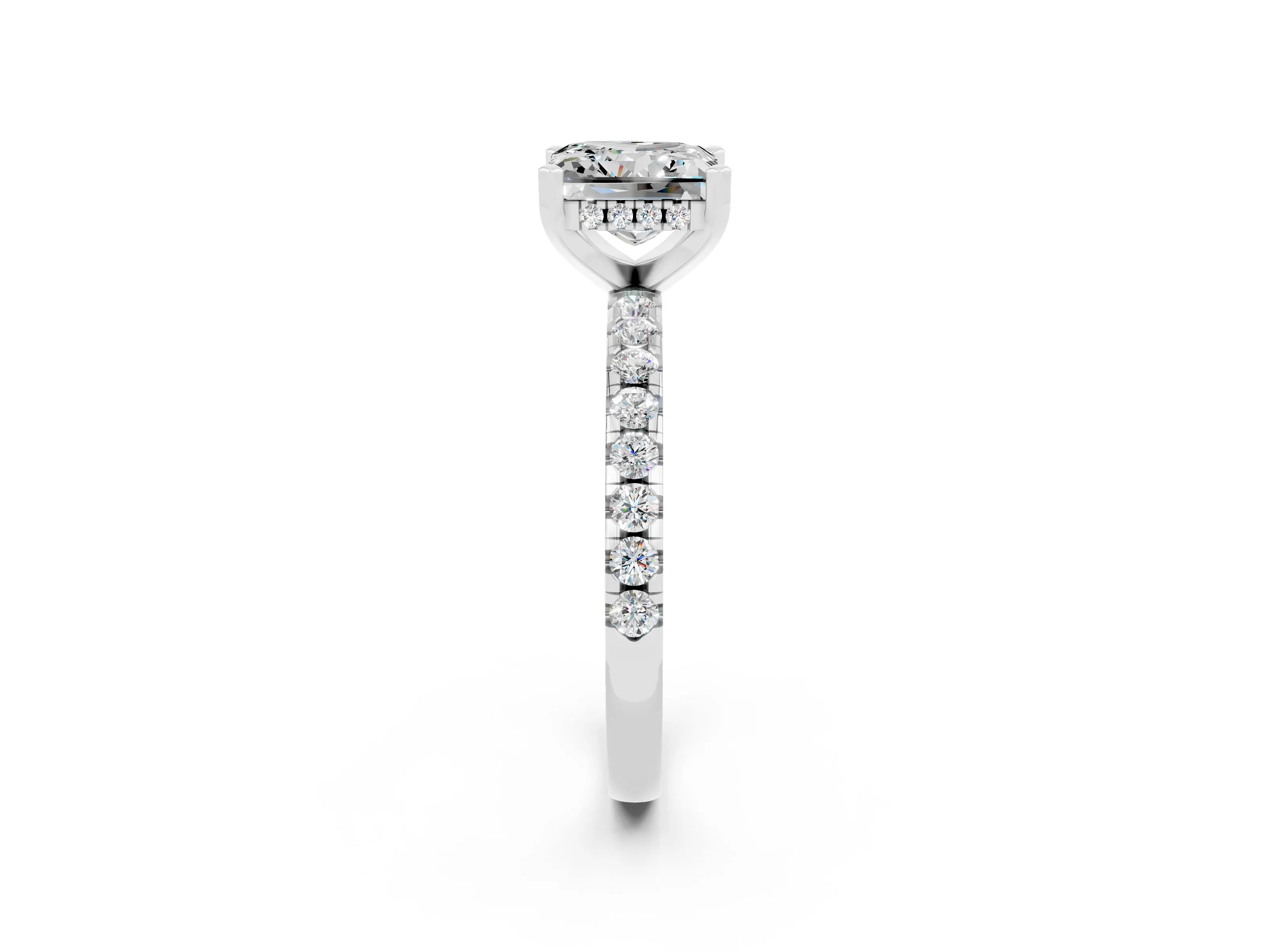 White gold Princess Cut Moissanite Solitaire Ring with Pavé Band and Four-Prong Setting_14