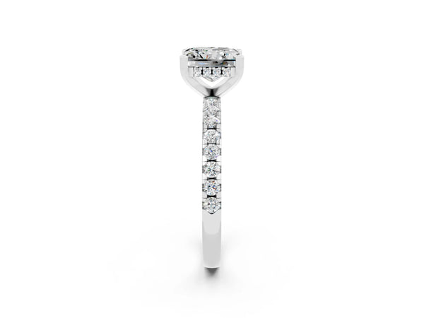 Platinum Princess Cut Moissanite Solitaire Ring with Round  Pavé Band and Four-Prong Setting