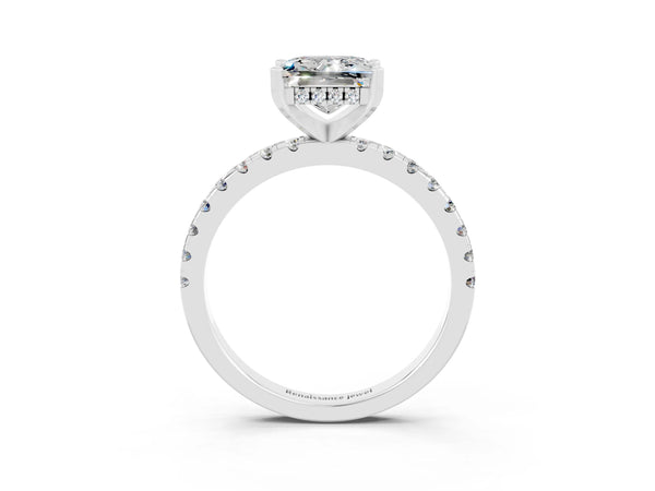 Silver Princess Cut Moissanite Solitaire Ring with Round  Pavé Band and Four-Prong Setting