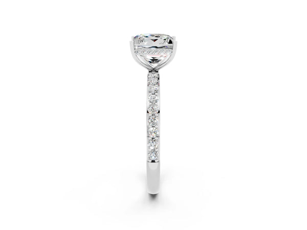 Platinum Princess Cut Moissanite Solitaire Ring with Pavé Band and Hidden Halo