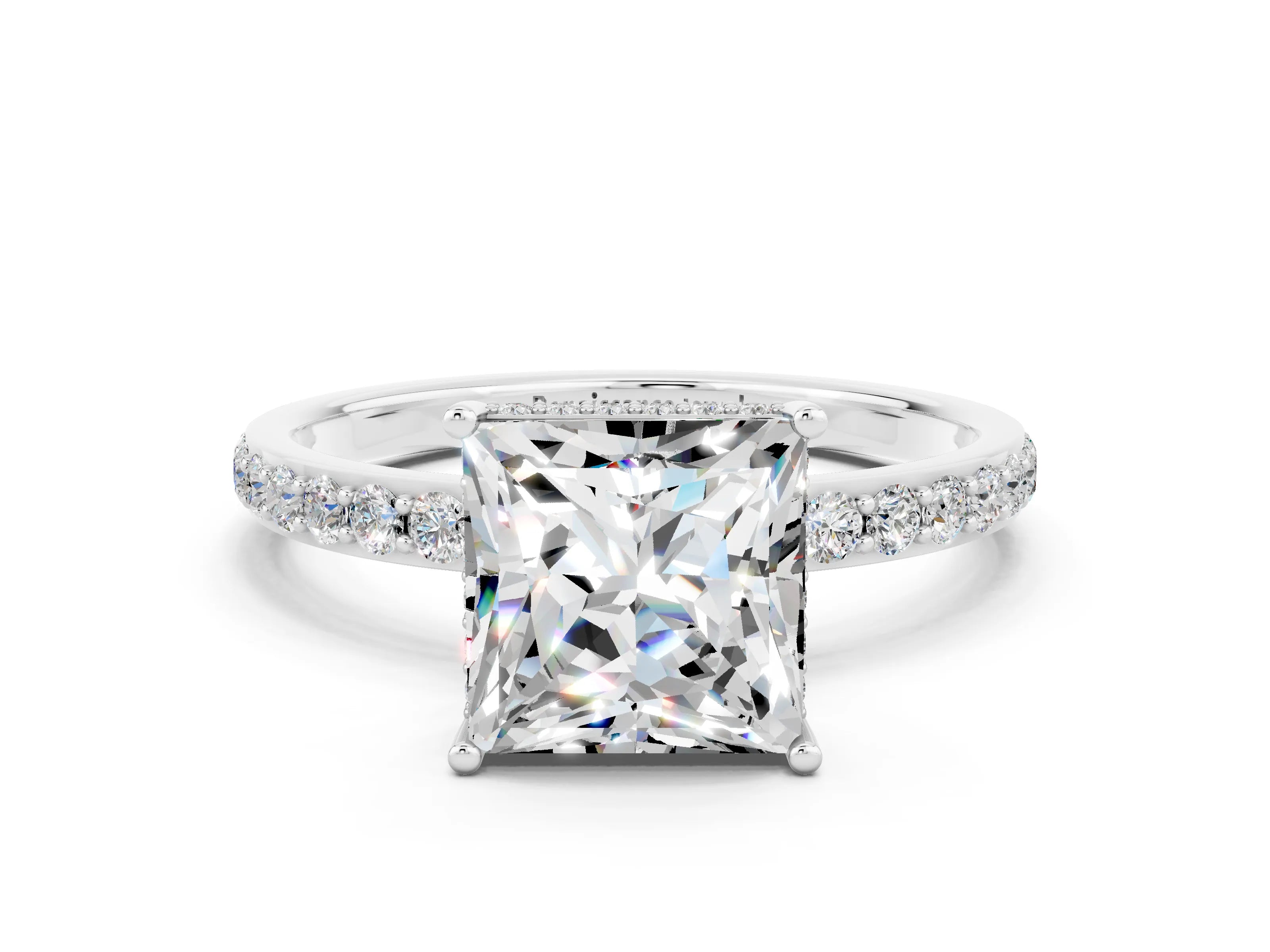 White gold Princess Cut Moissanite Solitaire Ring with Pavé Band and Hidden Halo_24