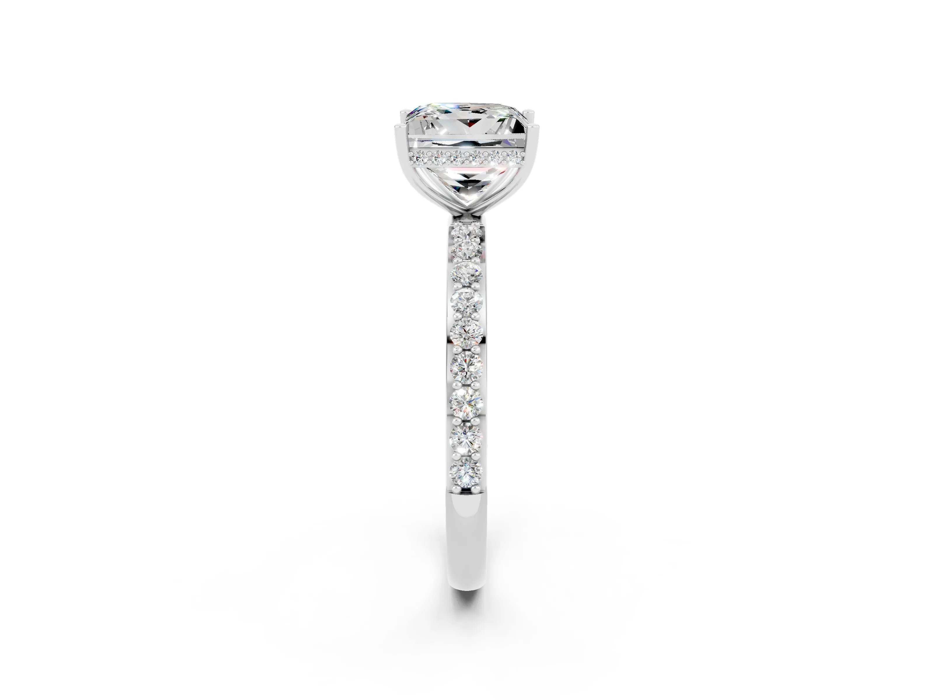 White gold Princess Cut Moissanite Solitaire Ring with Pavé Band and Hidden Halo_26