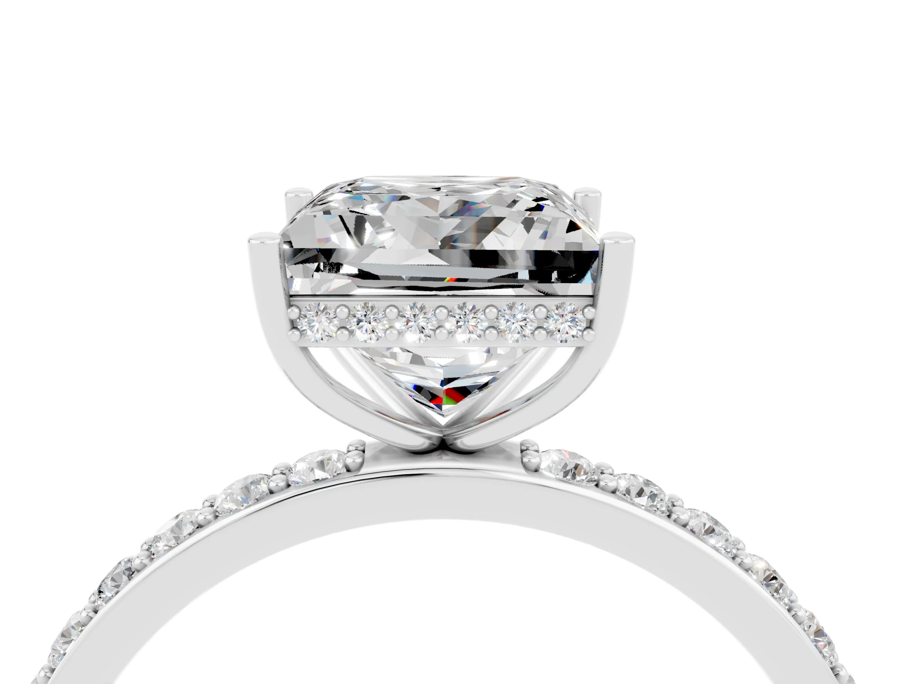 White gold Princess Cut Moissanite Solitaire Ring with Pavé Band and Hidden Halo_28