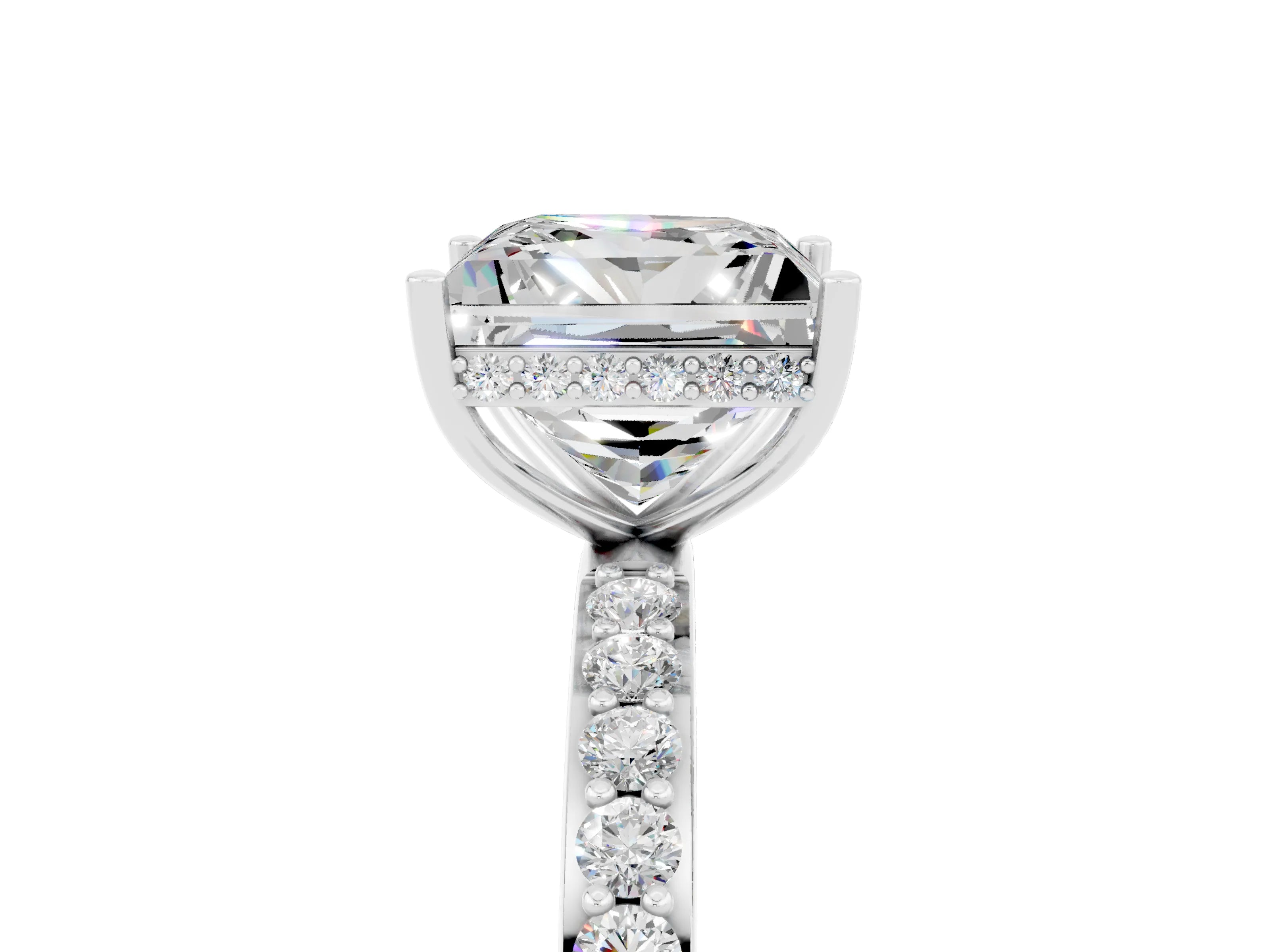 White gold Princess Cut Moissanite Solitaire Ring with Pavé Band and Hidden Halo_29