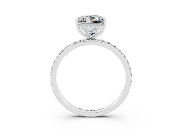 Platinum Princess Cut Moissanite Solitaire Ring with Pavé Band and Hidden Halo
