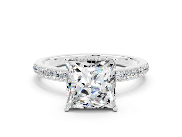 Silver Princess Cut Moissanite Solitaire Ring with Pavé Band and Hidden Halo