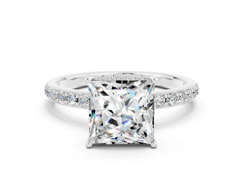 White gold Princess Cut Moissanite Solitaire Ring with Pavé Band and Hidden Halo