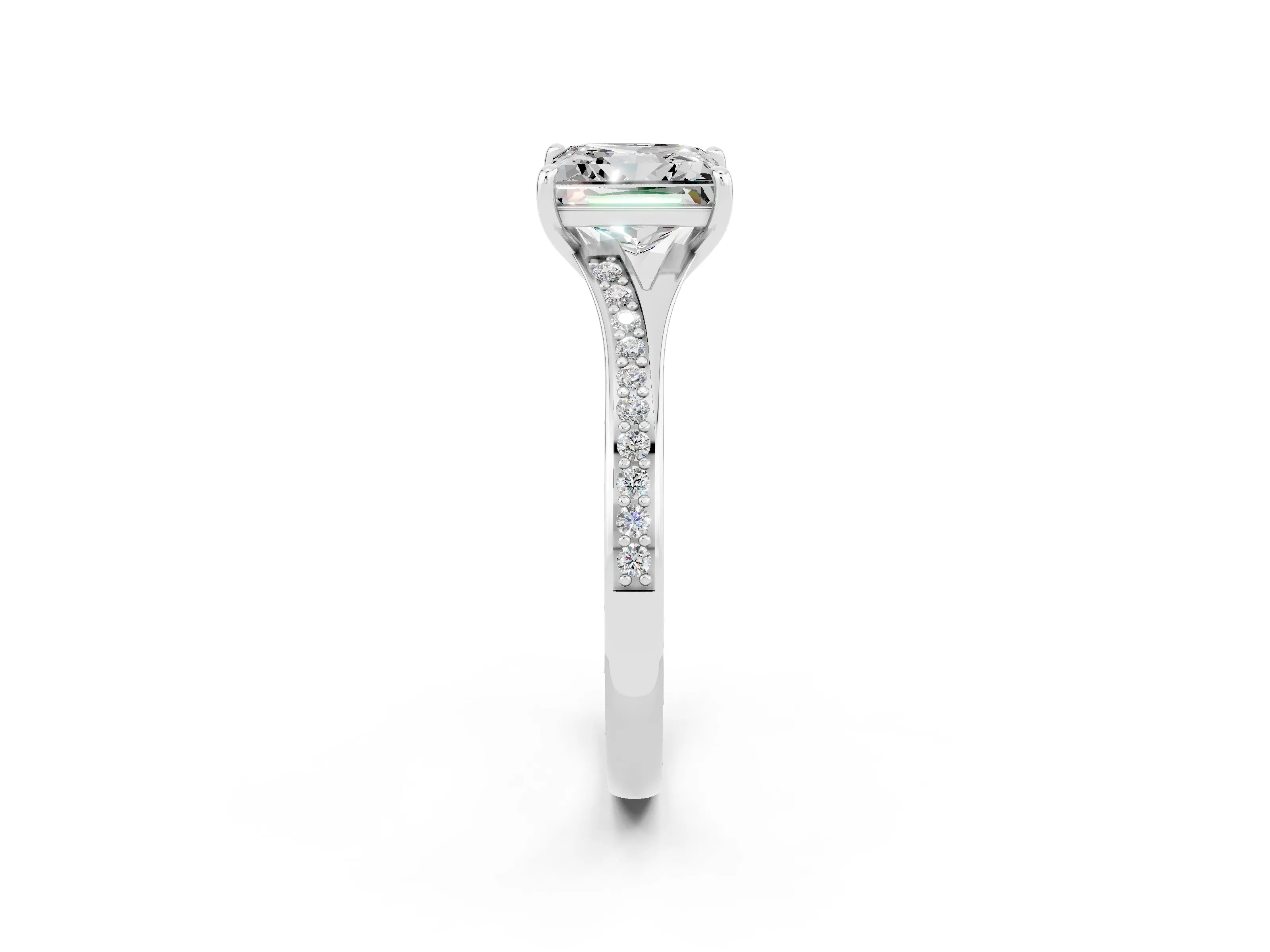 White gold Princess Cut Moissanite Solitaire Ring with Pavé Band and Prong Setting_14