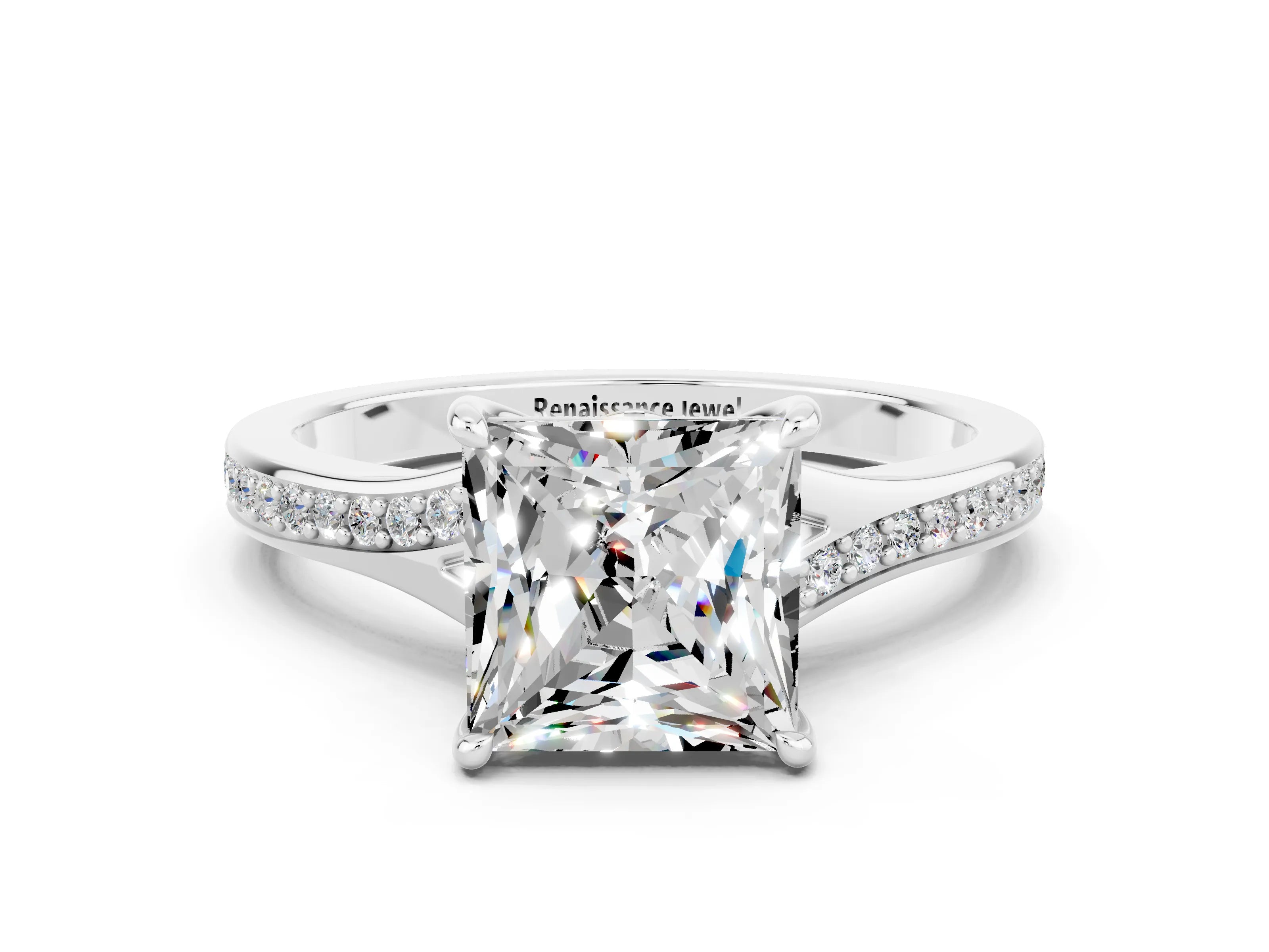 White gold Princess Cut Moissanite Solitaire Ring with Pavé Band and Prong Setting