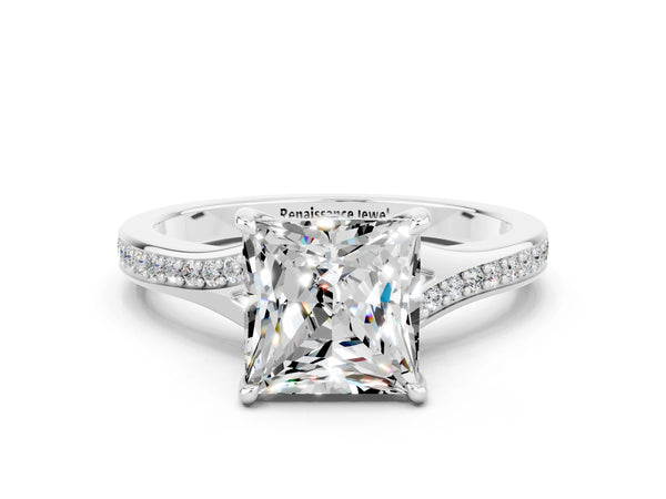 Silver Princess Cut Moissanite Solitaire Ring with Pavé Band and Prong Setting