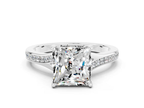 White gold Princess Cut Moissanite Solitaire Ring with Pavé Band and Prong Setting