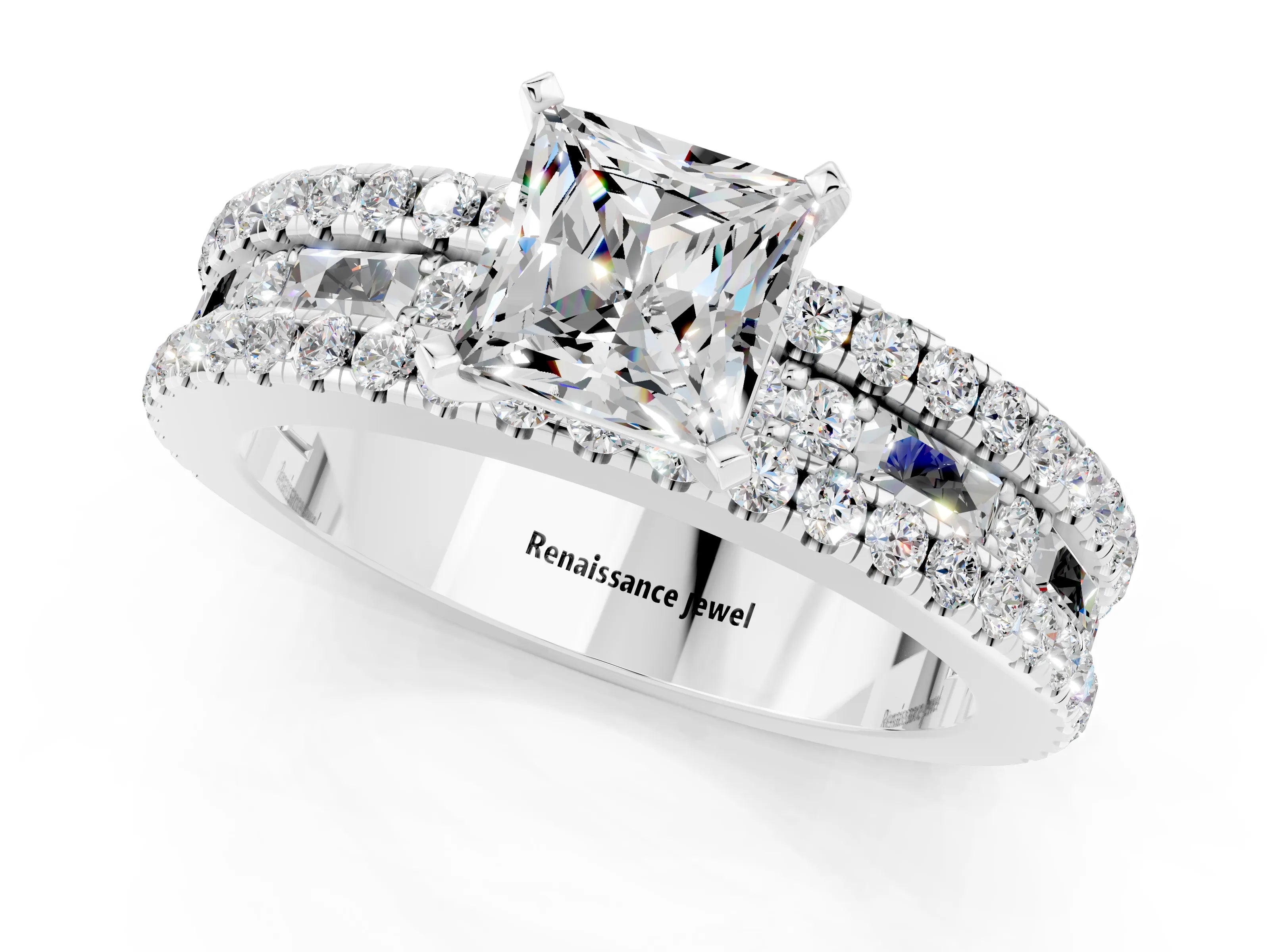 White gold Princess Cut Moissanite Solitaire Ring with Pavé and Channel Set Band_1