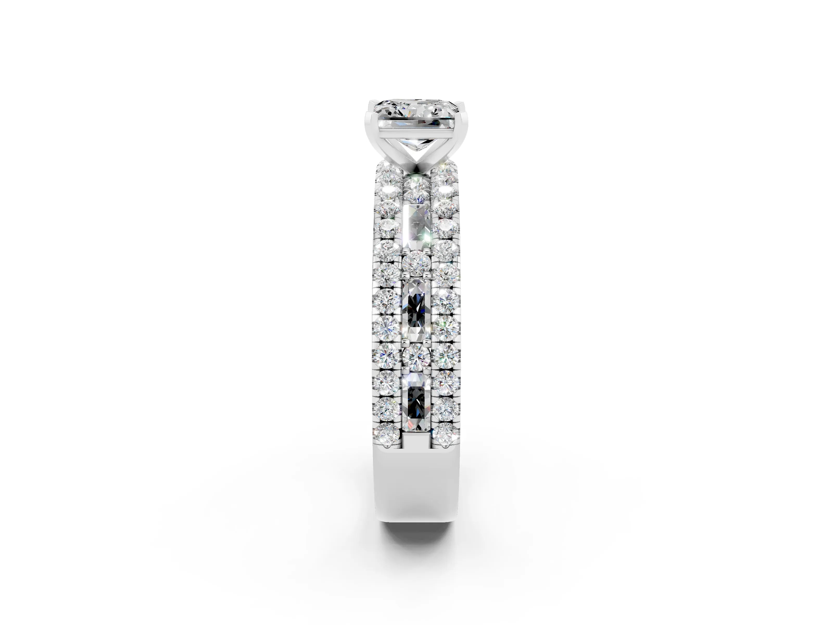 White gold Princess Cut Moissanite Solitaire Ring with Pavé and Channel Set Band_2