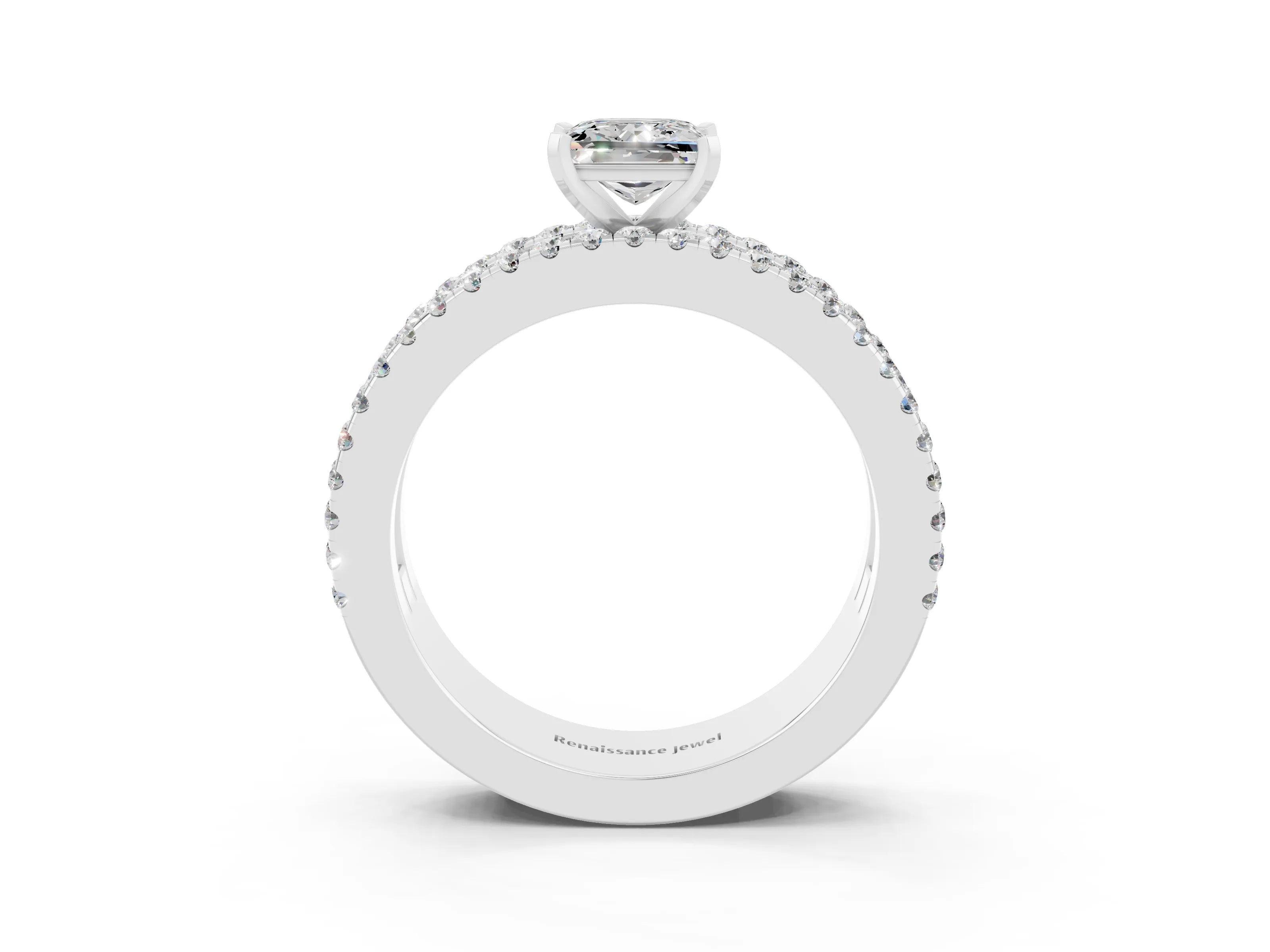 White gold Princess Cut Moissanite Solitaire Ring with Pavé and Channel Set Band_3