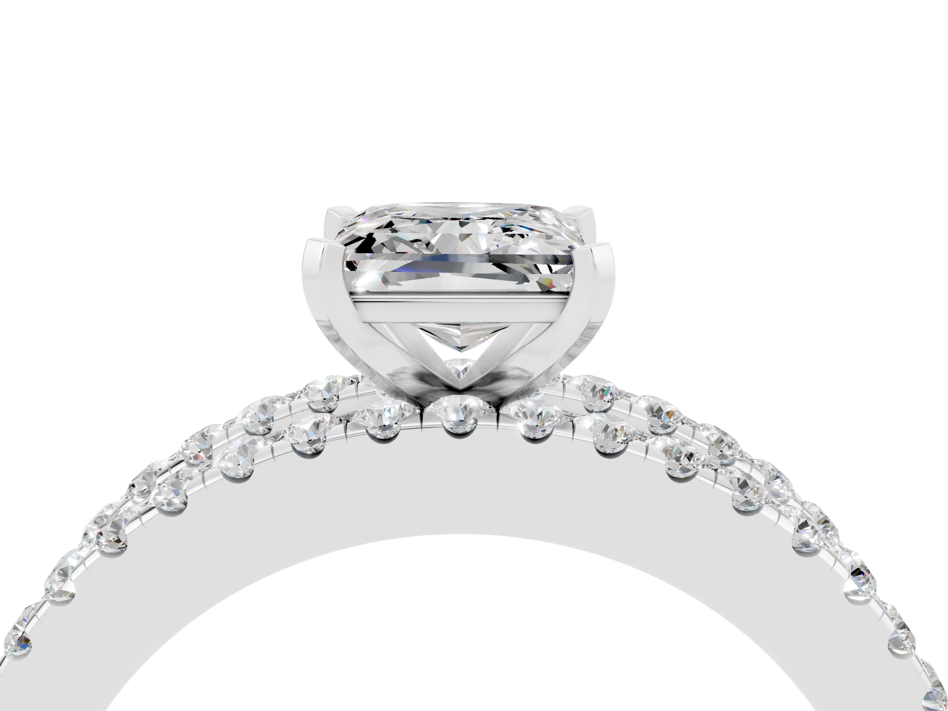 White gold Princess Cut Moissanite Solitaire Ring with Pavé and Channel Set Band_4