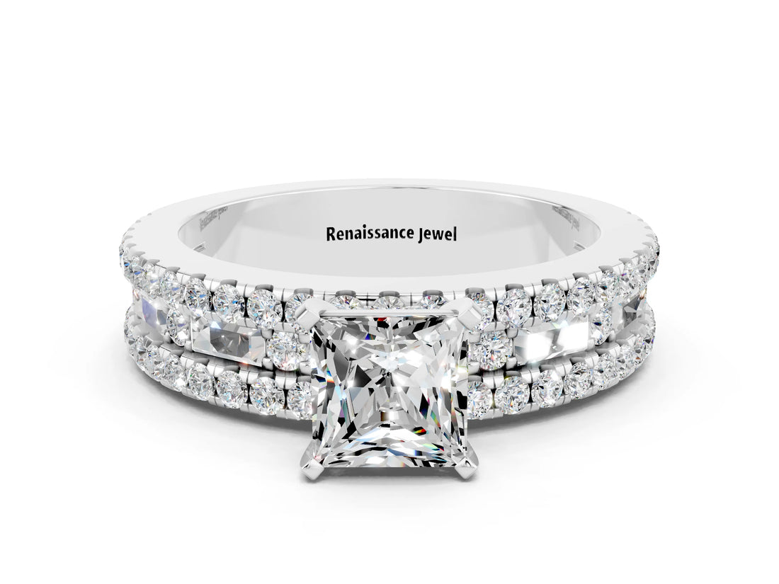 White gold Princess Cut Moissanite Solitaire Ring with Pavé and Channel Set Band