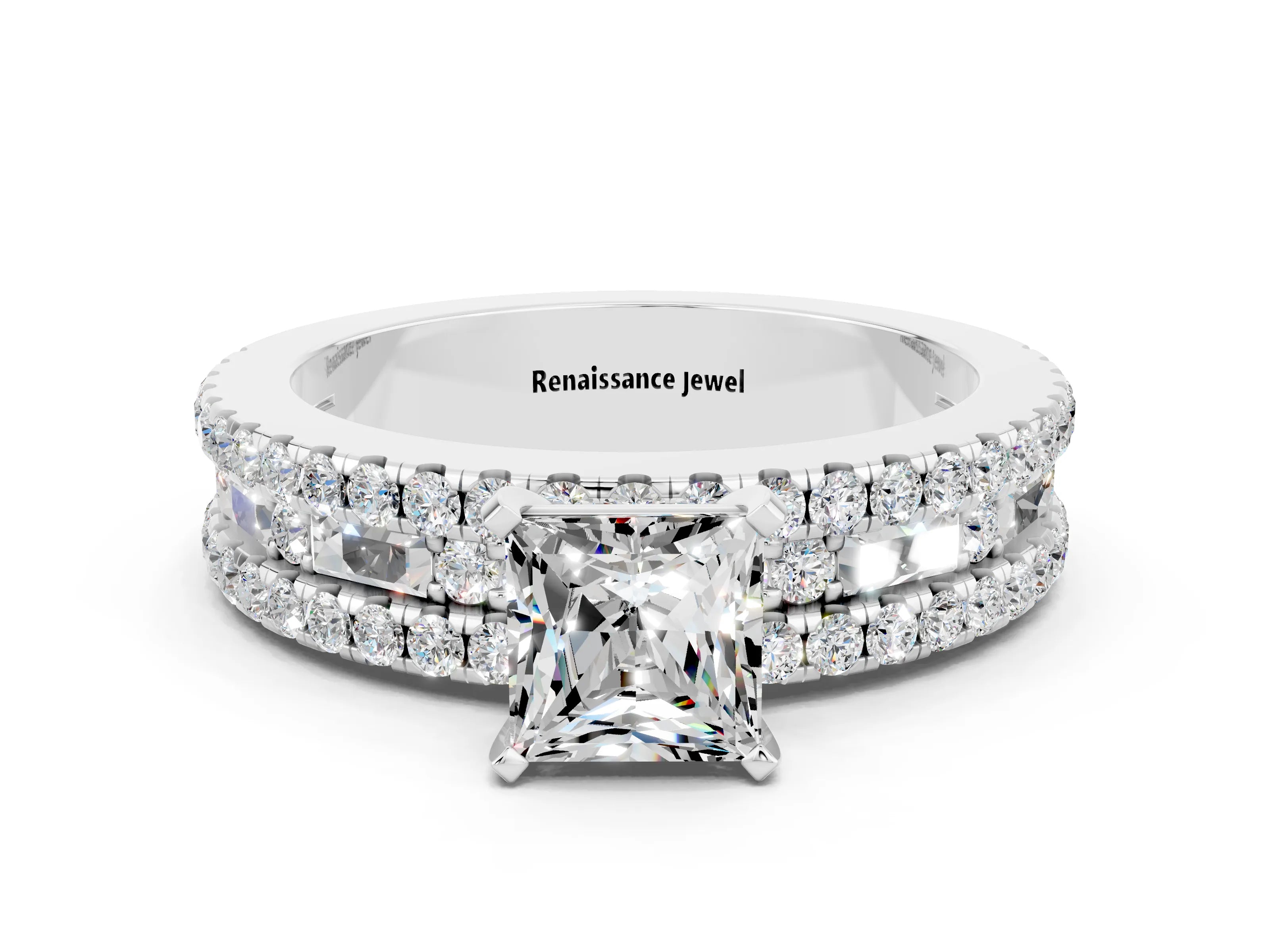 White gold Princess Cut Moissanite Solitaire Ring with Pavé and Channel Set Band
