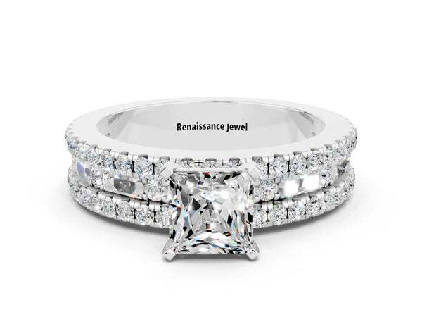 White gold Princess Cut Moissanite Solitaire Ring with Pavé and Channel Set Band
