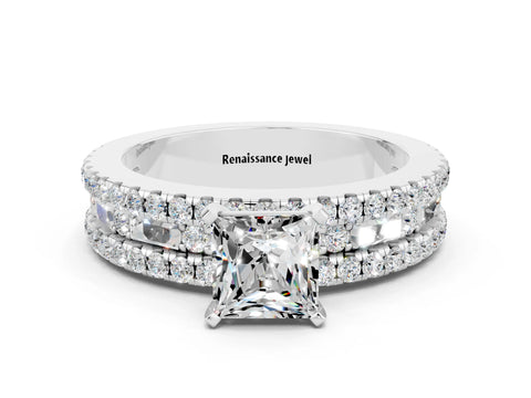 White gold Princess Cut Moissanite Solitaire Ring with Pavé and Channel Set Band