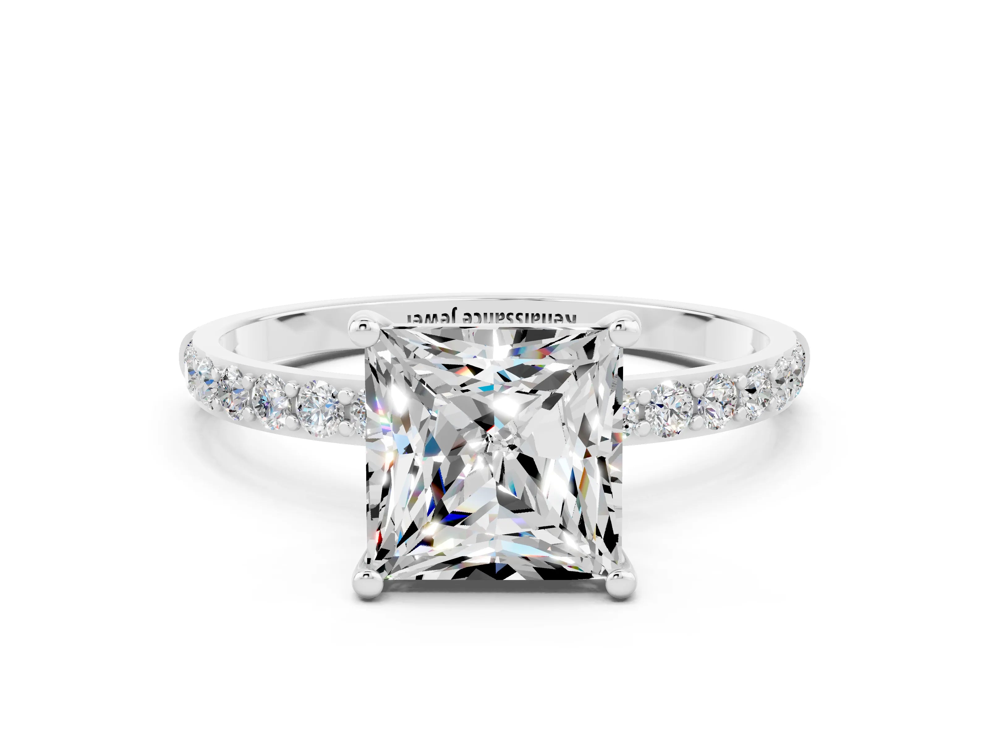 White gold Princess Cut Moissanite Solitaire Ring with Pave Band and Four Prong Setting_12
