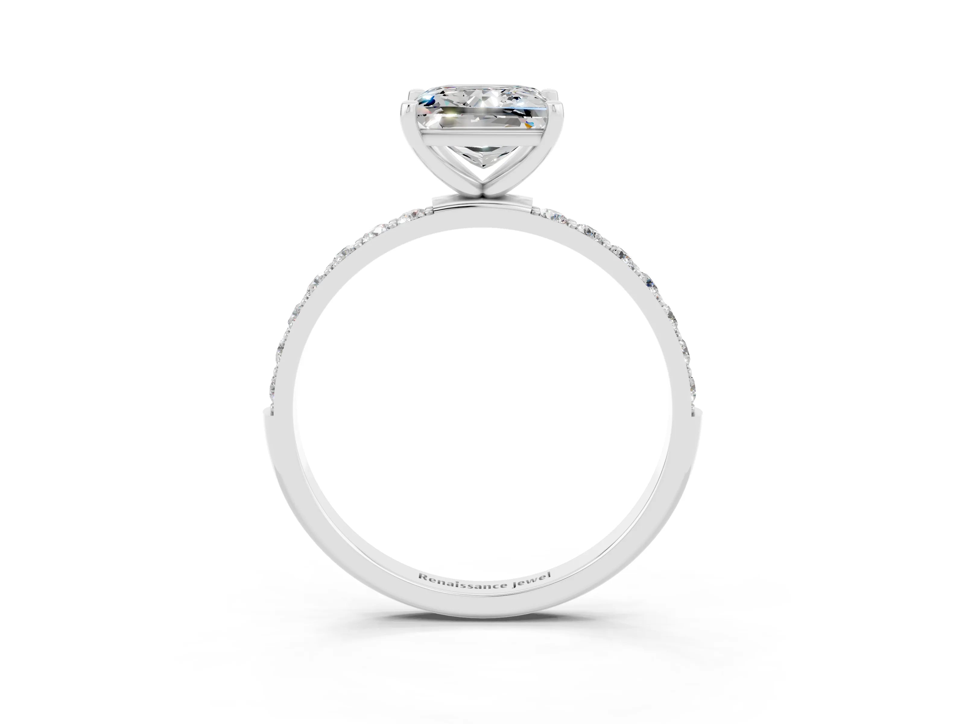 White gold Princess Cut Moissanite Solitaire Ring with Pave Band and Four Prong Setting_15