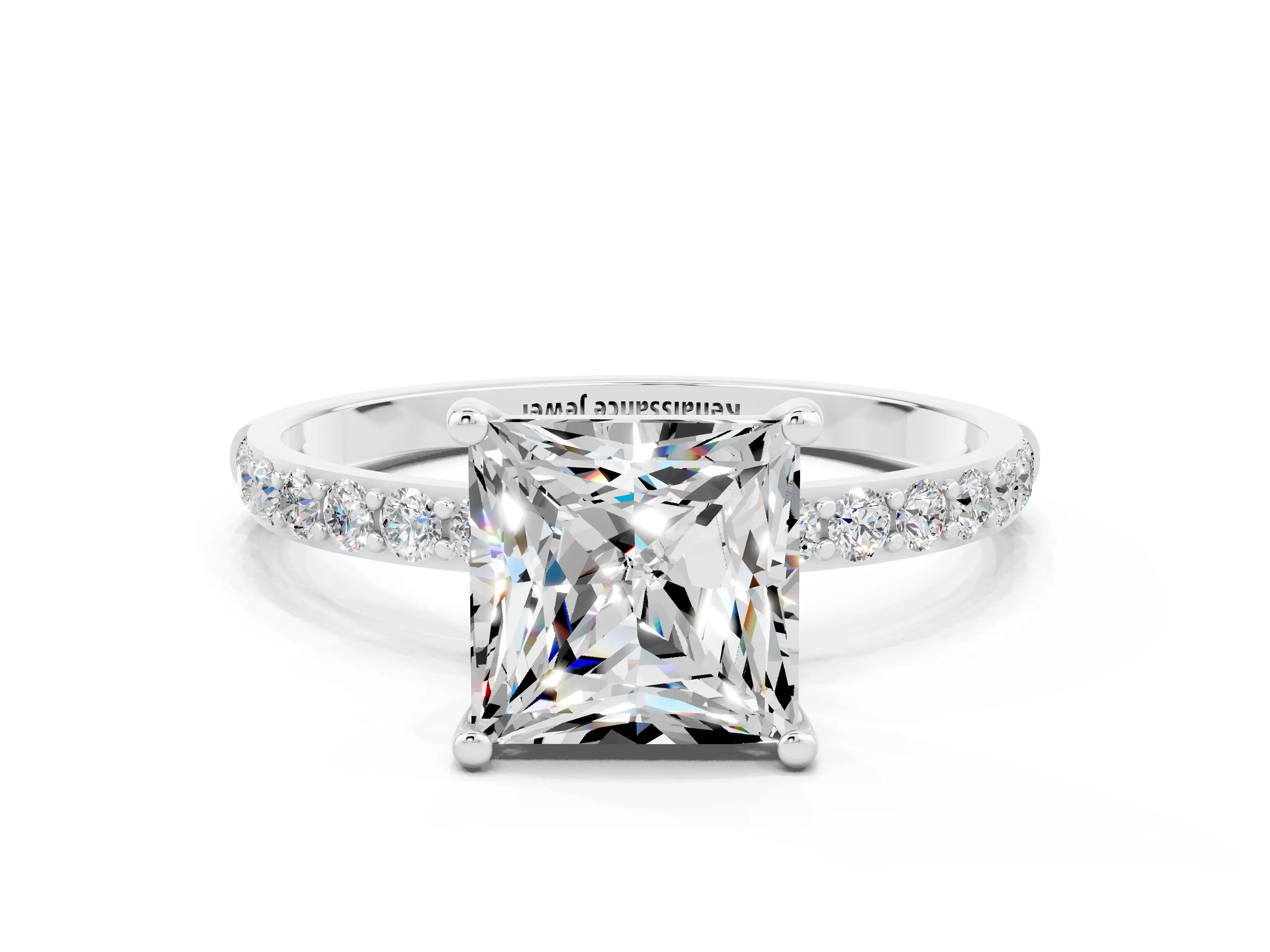 White gold Princess Cut Moissanite Solitaire Ring with Pave Band and Four Prong Setting_24