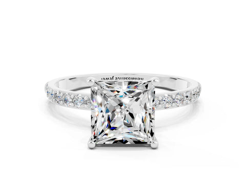 White gold Princess Cut Moissanite Solitaire Ring with Pave Band and Four Prong Setting_24