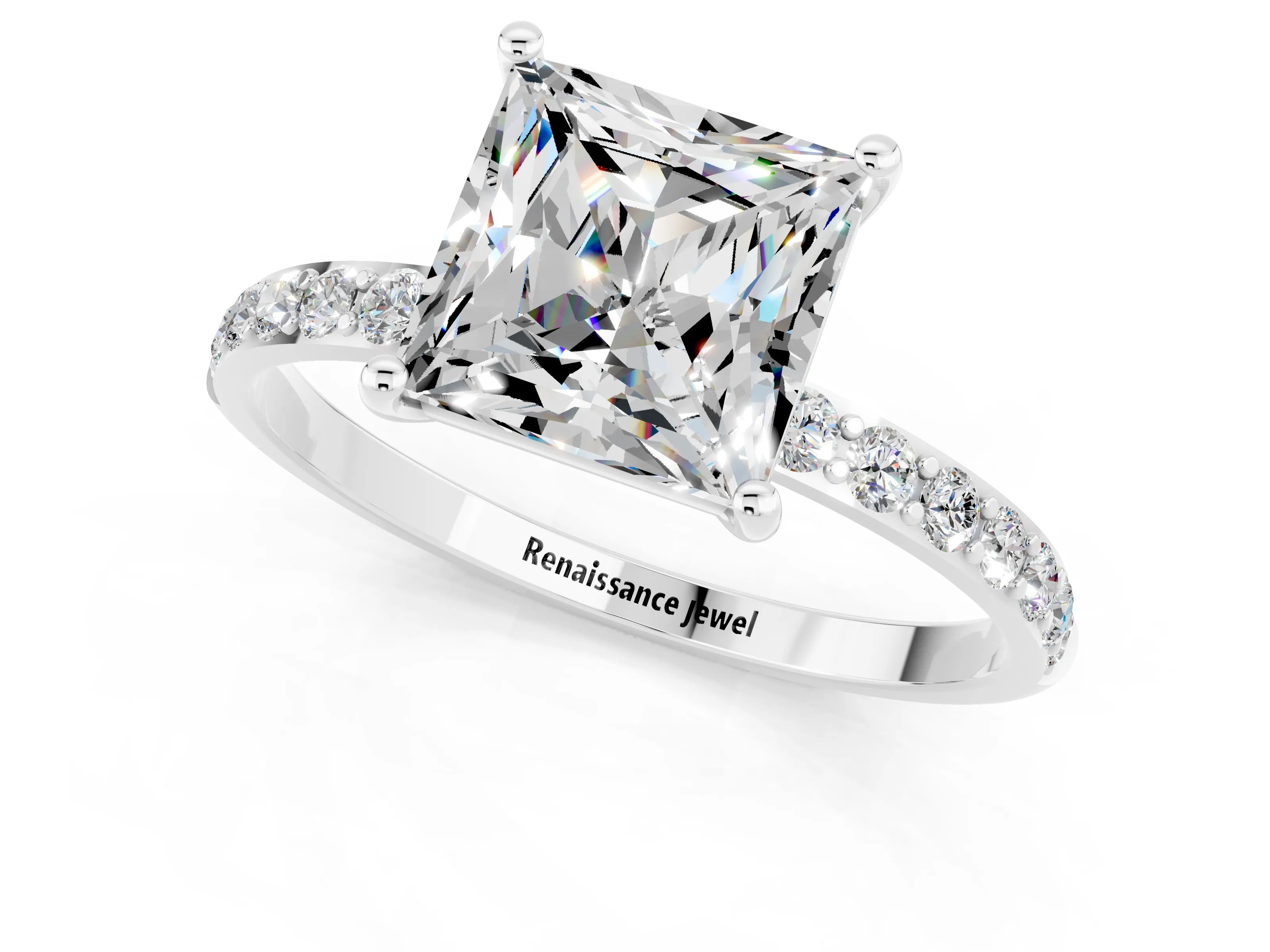 White gold Princess Cut Moissanite Solitaire Ring with Pave Band and Four Prong Setting_25