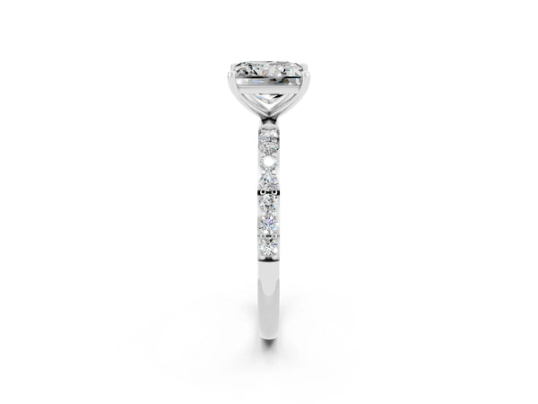 Platinum Princess Cut Moissanite Solitaire Ring with Round  Pavé Band and Prong Setting