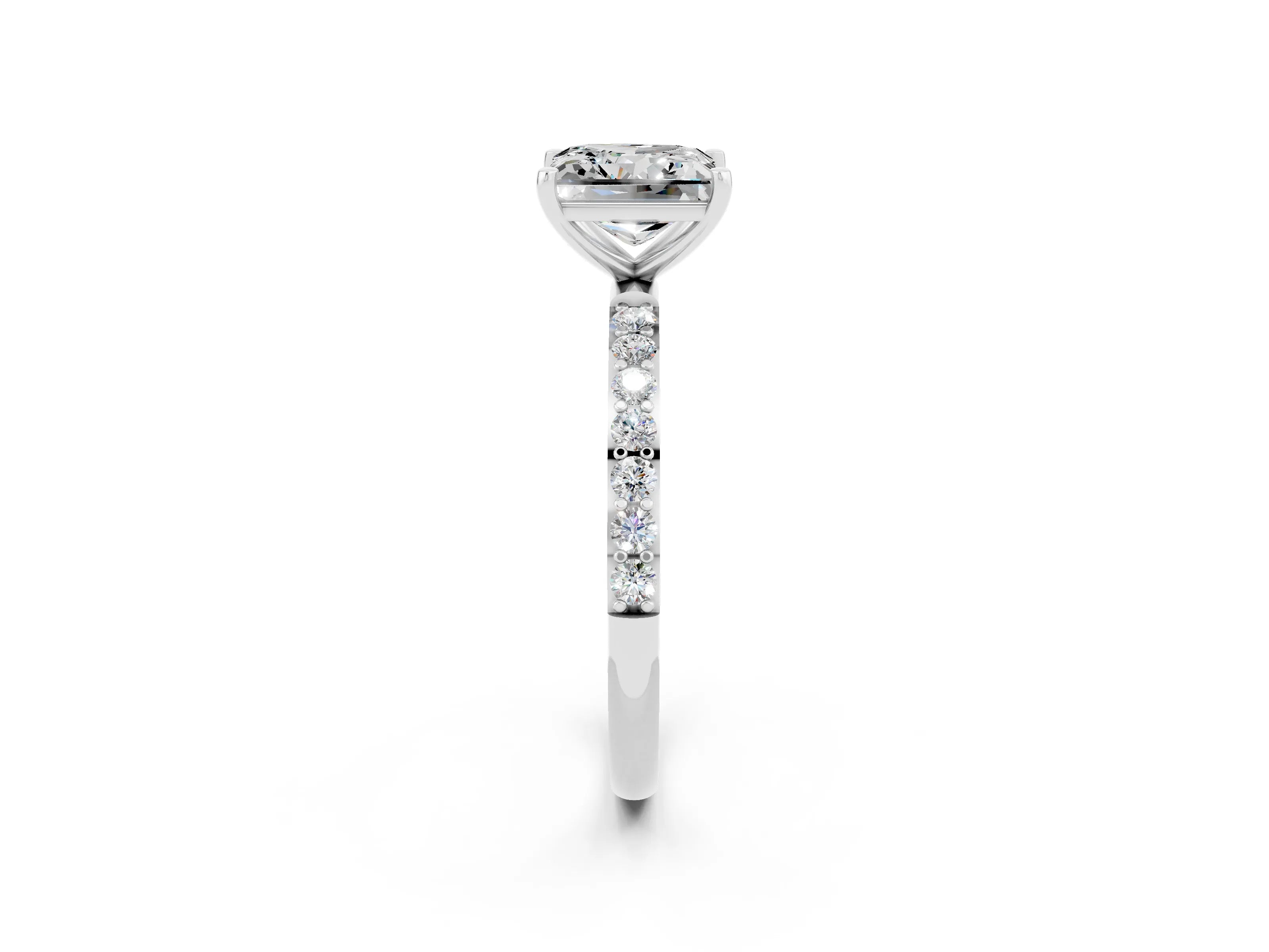 White gold Princess Cut Moissanite Solitaire Ring with Pave Band and Four Prong Setting_26