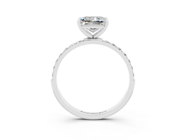 Silver Princess Cut Moissanite Solitaire Ring with Round  Pavé Band and Prong Setting