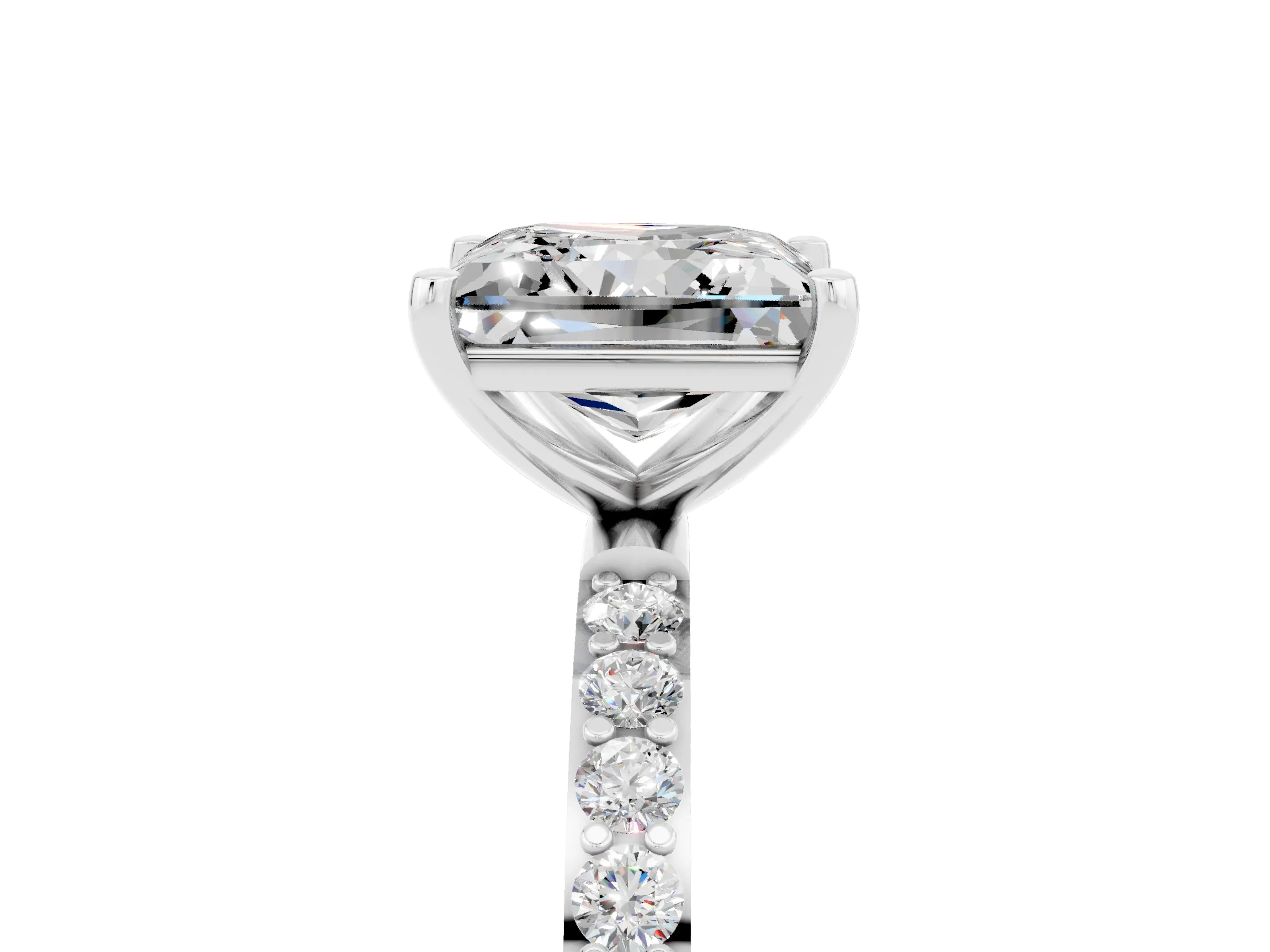 White gold Princess Cut Moissanite Solitaire Ring with Pave Band and Four Prong Setting_29