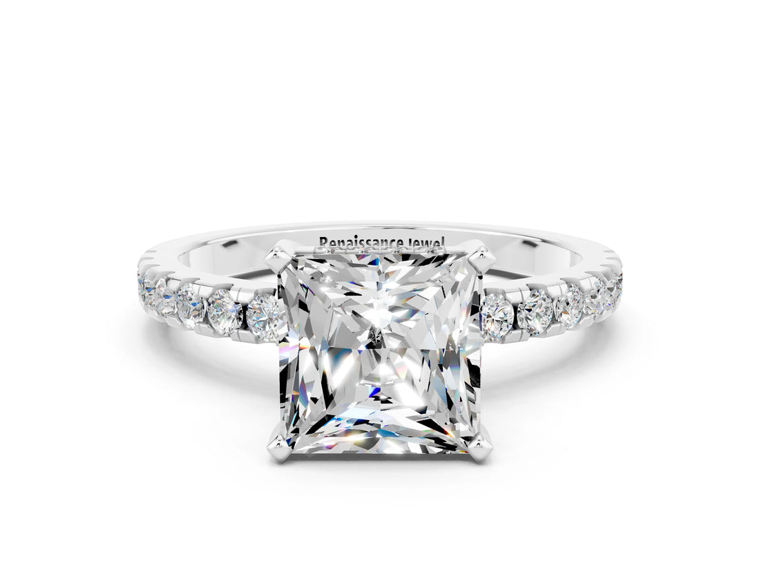 White gold Princess Cut Moissanite Solitaire Ring with Round  Pavé Band and Four-Prong Setting_48