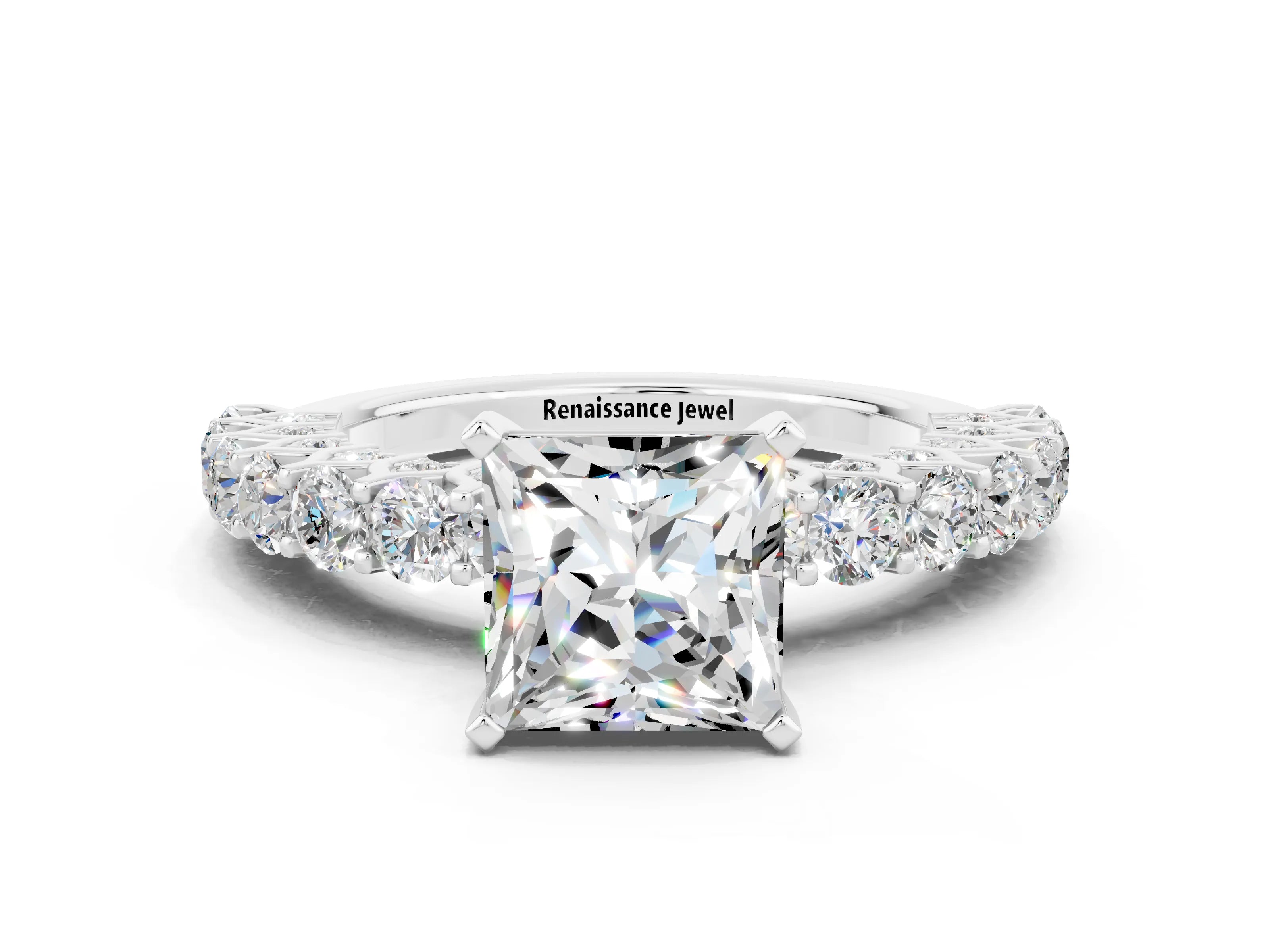 White gold Princess Cut Moissanite Solitaire Ring with Shared Prong Pavé Band and Four-Prong Setting