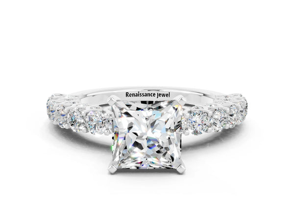 Platinum Princess Cut Moissanite Solitaire Ring with Shared Prong Pavé Band and Four-Prong Setting