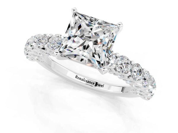 Platinum Princess Cut Moissanite Solitaire Ring with Shared Prong Pavé Band and Four-Prong Setting