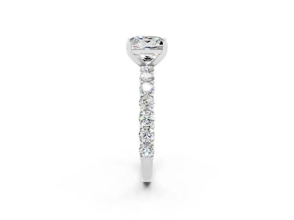 White gold Princess Cut Moissanite Solitaire Ring with Shared Prong Pavé Band and Four-Prong Setting