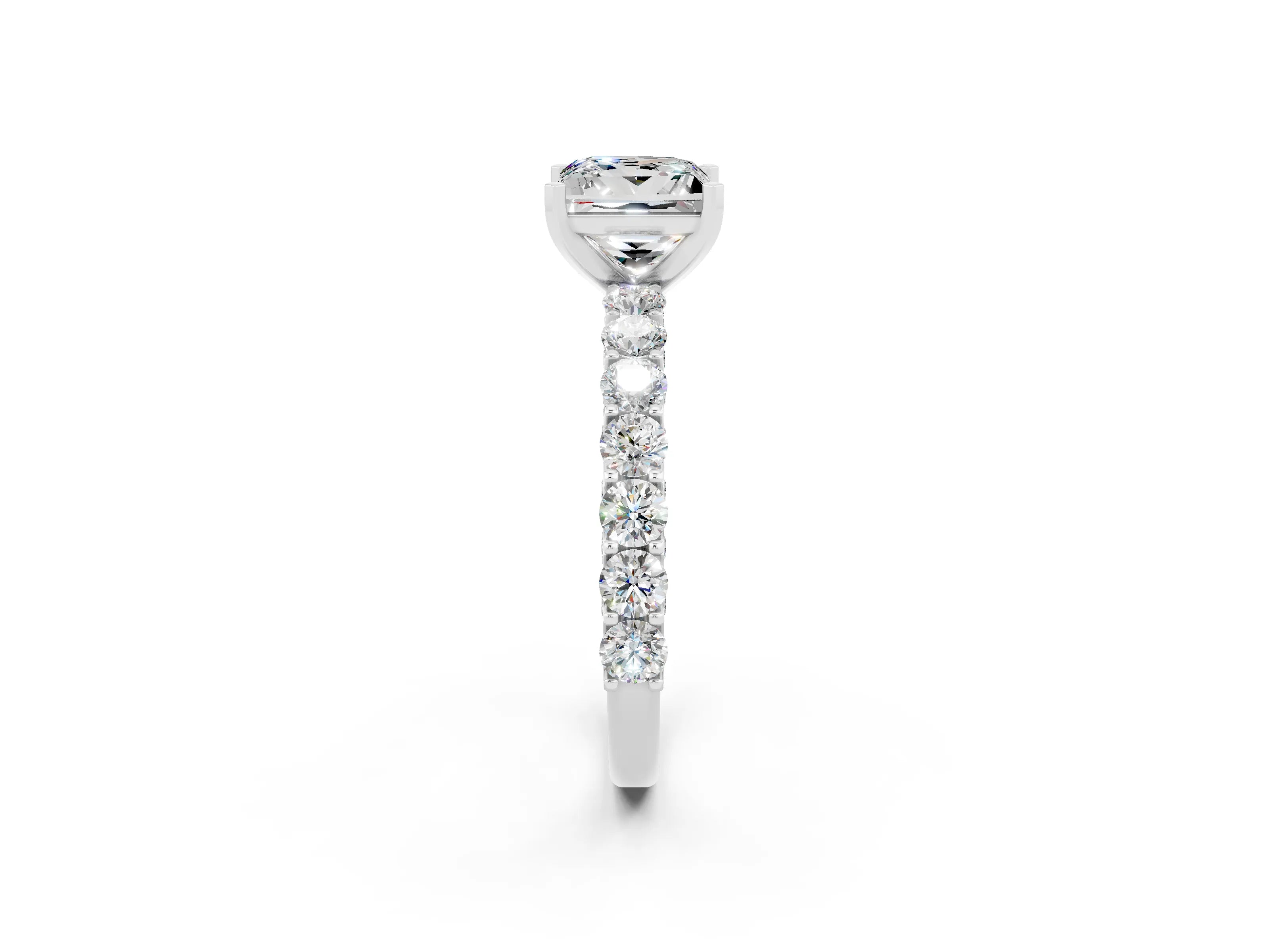 White gold Princess Cut Moissanite Solitaire Ring with Shared Prong Pavé Band and Four-Prong Setting_2