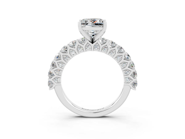 Platinum Princess Cut Moissanite Solitaire Ring with Shared Prong Pavé Band and Four-Prong Setting